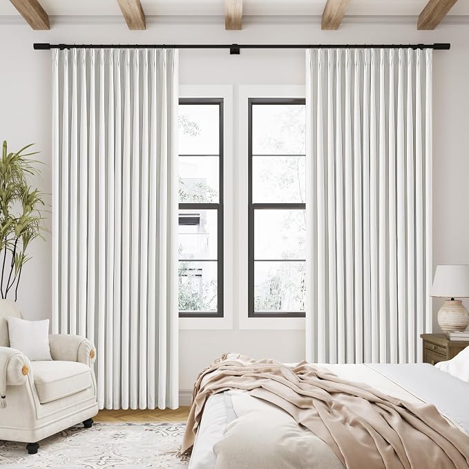 Off White Pinch Pleated 100% Blackout Curtains 102 Inches Long Linen Blend Window Curtains 102 Inch for Bedroom Living Room Darkening Thermal Insulated Back Tab Pinch Pleat Dual Layer Drapes Ivory