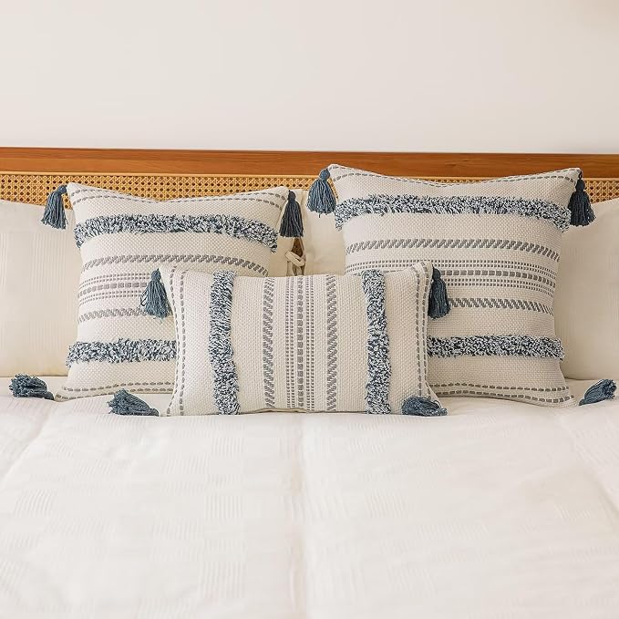 Boho Throw Pillow Covers 18x18 Set of 2 Woven Tufted Farmhouse Pillows Cover with Tassels Textured Striped Cushion Case Neutral Pillow Cases Decorative Pillowcase for Sofa, Couch, Bed, Dark Blue