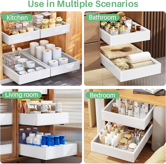 Pull Out Cabinet Organizer with Nano Adhesive, Heavy Duty Full-Extension Slide-Out Drawer for Kitchen Cabinet Organizers and Storage, No Drill Roll out Pantry Shelf, 11.8"W x 16.9"D x 3.1"H , White