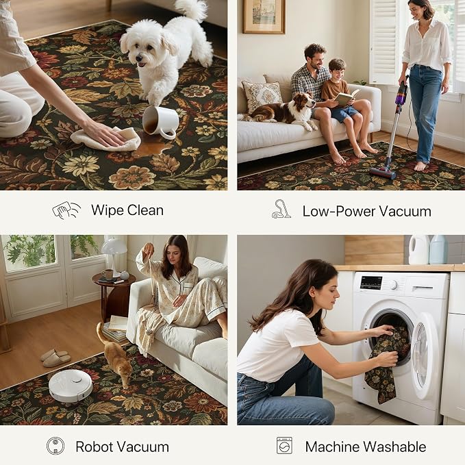 GENIMO 2X10 Washable Vintage Floral Print Runner Rug, Non-Slip Low Pile Stain Resistant Soft Chenille Carpet for Hallway Entryway Kitchen Corridor, Floral Brown