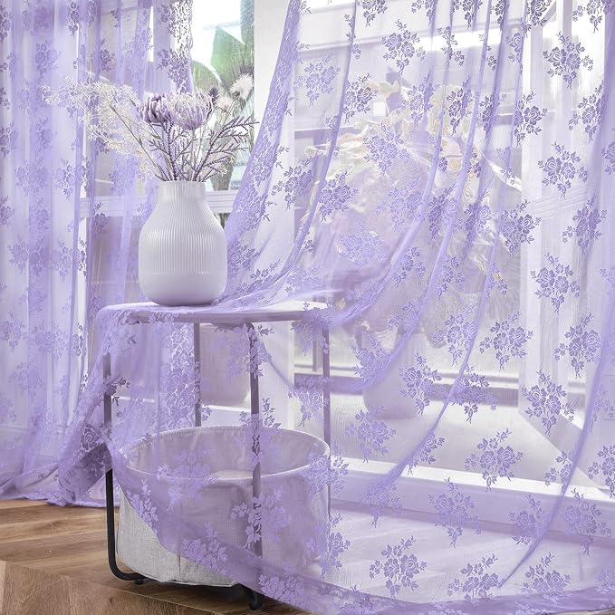 Kotile Light Purple Sheer Curtains 84 Inches Long, 2 Panels, W42 x L84 Inch Each, Country Rustic Floral Vintage Lace Curtains for Living Room, Rod Pocket Privacy Light Filtering Lacy Window Curtain