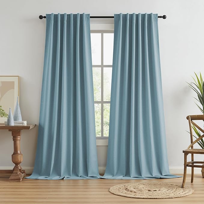 KEQIAOSUOCAI Extra Long 108 Inch Full Blackout Curtains for Large Window, Linen Textured Back Tab Hook Belt Pleated Tall Drapes for Living Room Dining 2 Panels Set, 50 Wide, 9 FT, Dusty Stone Blue