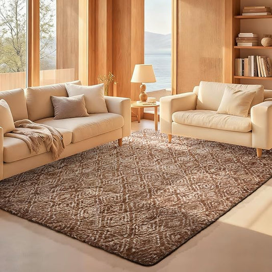 Ophanie Brown and White Diamond Striped Rugs for Living Room 5x7,Fluffy Shag Large Fuzzy Plush Soft Carpets,Shaggy Rugs for Bedroom,Carpet for Kids Boys Girls Dorm Decor with Over 99 pcs Pile fibers