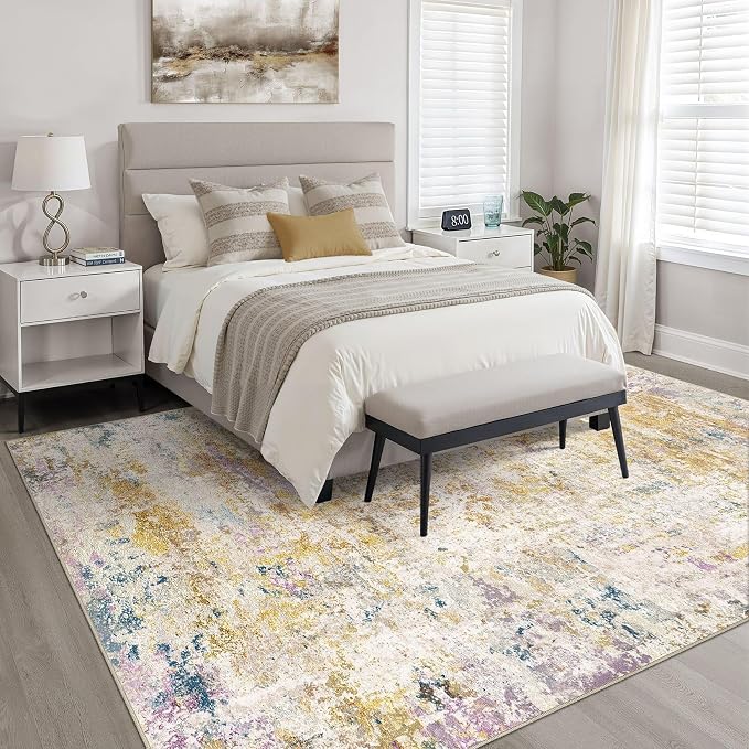 6x9 Area Rugs Living Room: Washable Large Neutral Rug Abstract Soft Modern Stain Resistant Indoor Floor Non-Slip Carpet for Bedroom Nursery Kids Classroom Playroom Dining Room- Gold Multi