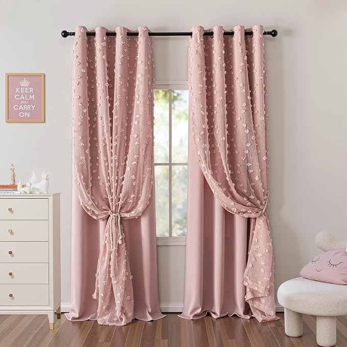 MYSKY HOME Pink Curtains for Girls Bedroom 84 Inches Long Blackout Nursery Curtains Double Layer Pink Pom Pom Sheer Overlay for Kids Toddler Grommet Privacy Room Darkening Window Drapes 52" x 84"