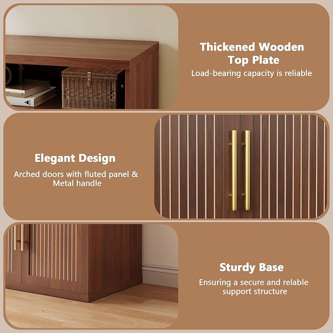Fluted Buffet Cabinet with Storage, 31.5" Wide Wood Sideboard Credenza with Open Storage Shelf & Adjustable Shelves, Modern Kitchen Entryway Accent Table for Dining Room Living Room Hallway, Walnut