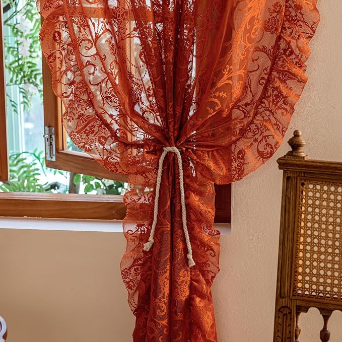 TUDECO Burnt Orange Lace Curtains for Living Room 2 Panels - Vibrant Floral Branch Ruffle Sheer Terracotta Curtains, Boho Rod Pocket Bright Privacy Autumn Window Treatments, 59W x 84L, Terracotta