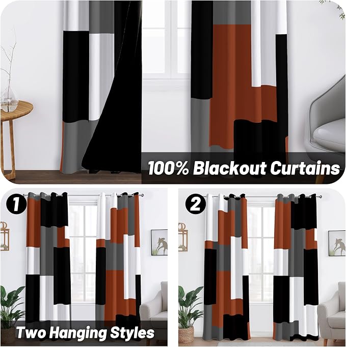 Tyrot Burnt Orange 100% Blackout Curtains for Bedroom 108 inch Extra Long 2 Panels Set Black Grey Modern Abstract Geometric Black Out Curtains Room Darkening Window Drapes for Living Room, 52Wx108L