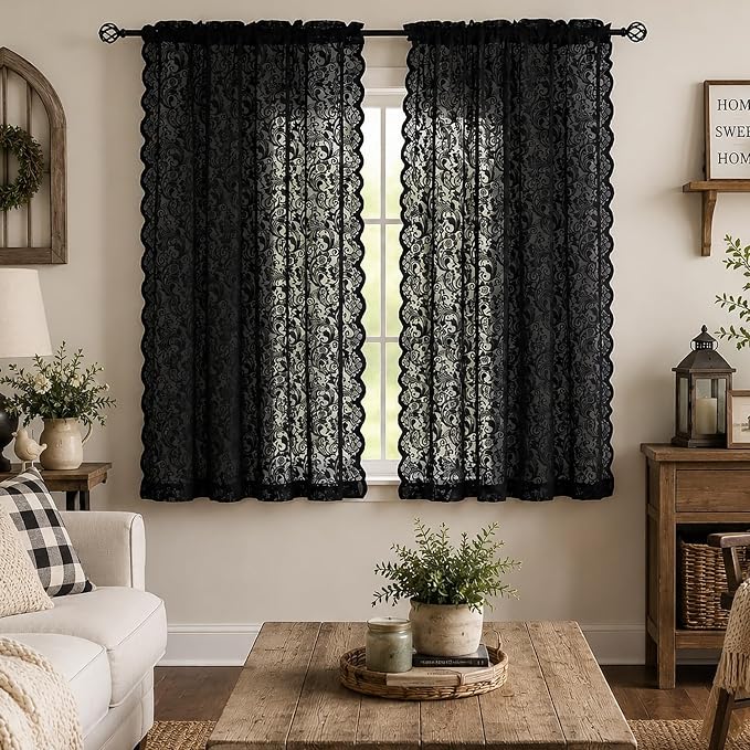 ALIGOGO Black Lace Curtains Short 54 Inch Length - Gothic Sheer Dark Floral Lace Kitchen Curtains 2 Panels, Vintage Moody Skull Spooky Rod Pocket Privacy Saclloped Halloween Decor, 52 x 54 Inch