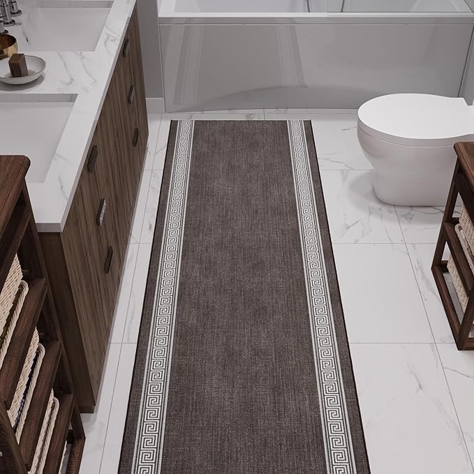Ottomanson Hallway Runner Rug 2'7" x 12' – Soft Non-Slip Rug, Low Pile Carpet for Entryway, Kitchen & Long Hallways in Apartments and Homes, Greek Border Brown
