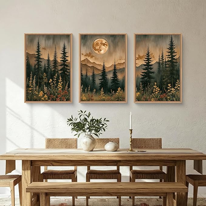 HOURIA Vintage Boho Nature Moonlight Forest Mountain Framed Canvas Wall Art Set,Wilderness Dark Moon Woodland Floral Decor,Retro Wildflower Field Landscape Artwork for Living Room,Farmhouse-16 x24 x3