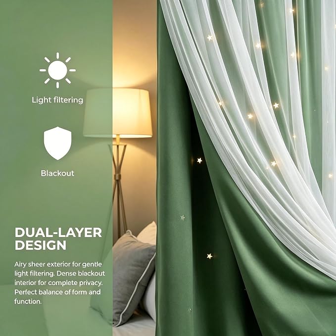 Star Cutout Blackout Curtains Double Layer Curtains with Durable Sheer Curtains for Bedroom Thermal Insulated Window Treatment Set with 2 Free Tiebacks (52W x 63L 2 Panels Dark Green)