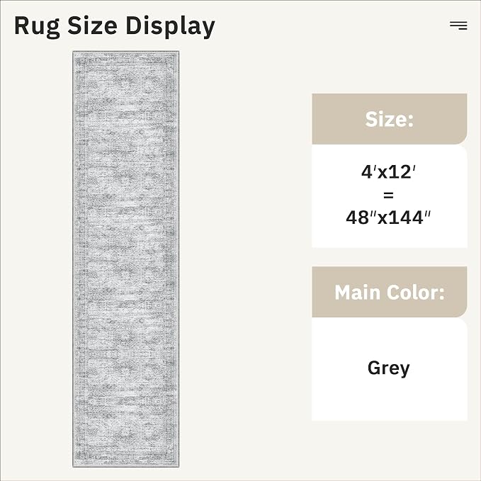 Soalmost 4x12 Wide Hallway Runners: Washable 12ft Runner Rug for Entryway Living Room Soft Vintage Non Slip Carpet Runner for Kitchen Dining Room Nursery Bedroom (Grey, 4x12ft)