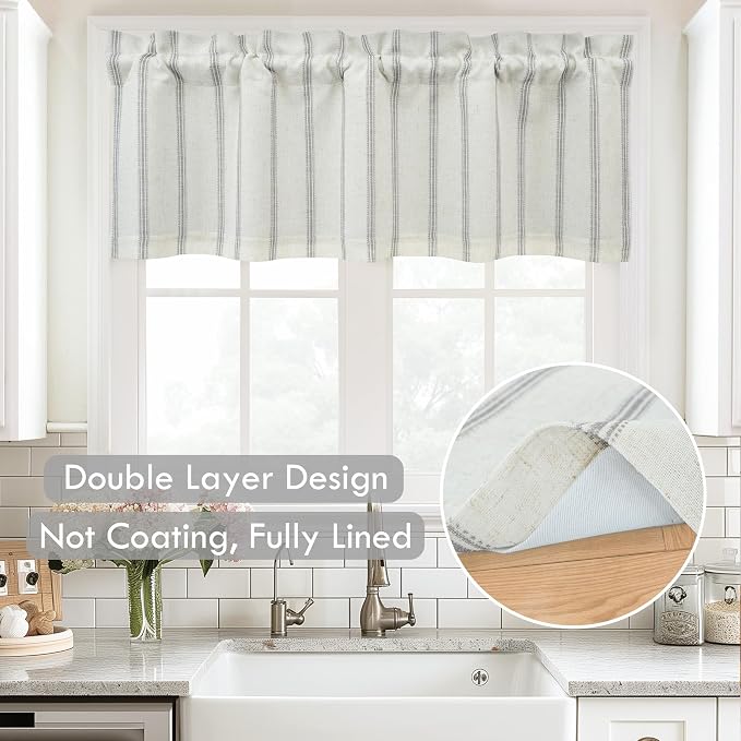 DriftAway Farmhouse Linen Lined Valance Double Layer Thermal Insulated Room Darkening Blackout Window Valances 3 Inch Rod Pocket Vertical Striped Kitchen Valance for Bathroom Single 52 x 18 Inch Gray