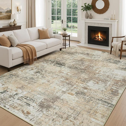 Rugflix 8x10 Area Rugs for Living Room, Washable Large Rug Stain-Resistant Low Pile, Modern Neutral Carpet for Dining Room Home Office Kid Room Nursery Bedroom, Brown Black Beige