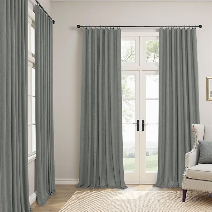 Grey Blackout Curtains for Bedroom 84 Inch Length 2 Panel Linen Textured Thermal Insulated Winter Blocking Darkening Window Drape Black Out Long Curtain for Living Room Sliding Door Back Tab Dark Gray