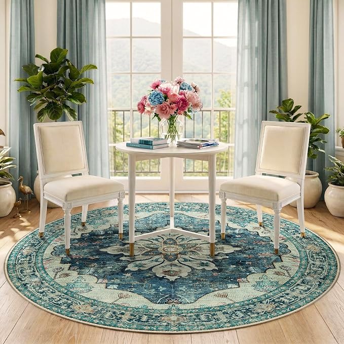 RELEANY Area Rugs Round 5ft Washable Non-Slip, Floral Vintage Distress Medallion Carpet for Living Room Bedroom Dining Room, Dark Blue Vintage