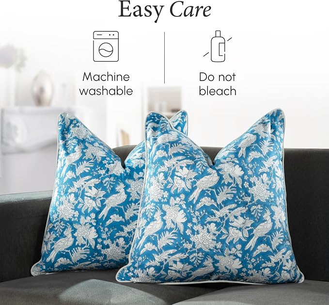 CPC 100% Cotton Throw Pillow Covers 18x18 Inch, Set of 2 Blue Block Print Pattern Couch Pillow, Cute Boho Decorative Pillows for Living Room, Bedroom with Hidden Zipper- Blue Sapphire