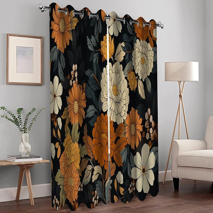 Retro Boho Flower Floral Blackout Curtains Colorful Flowers Halloween Spring Summer Autumn Winter Decor Women Men Girls Boys Bedroom Door Living Room Darkening Grommet Window Drapes 2 Panels, 42"x63"
