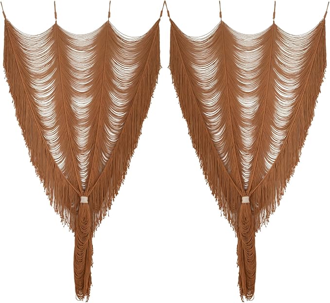 Flber 2 Panels Macrame Curtains Brown 59" W x 75" H Light Filtering Window Curtains Semi Sheer Drapes Room Divider Door Curtain, Wedding Backdrop Soft Neutral Window Treatment for Living Room Bedroom