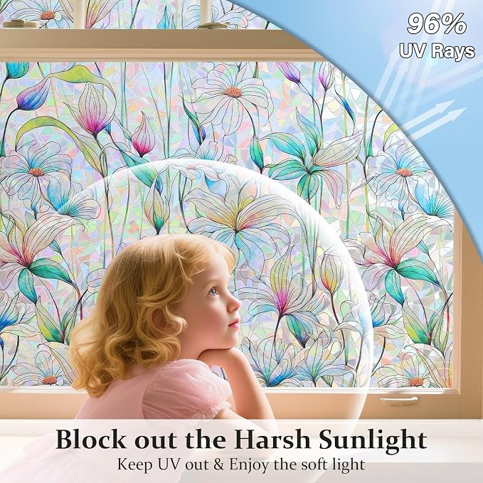 Donox Decorative Window Privacy Film, 3D Floral Stained Glass Window Film Static Cling Rainbow Privacy Sticker for Glass Door Heat Control Anti UV, No Adhesive (Magnolia,23.6 x 157.4 inches)