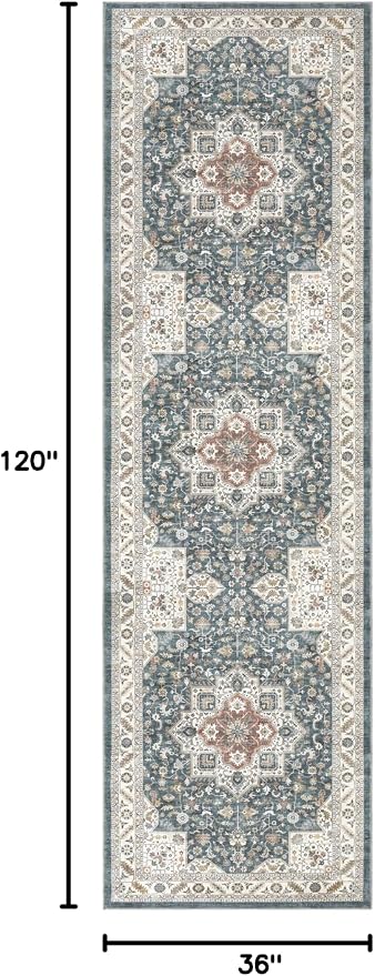 Vintage Hallway Runner Rug 3x10: Large Soft Washable Entryway for Kitchen Laundry Room Non-Slip Backing Runner for Entrance Living Room Bedroom Bathroom - Vintage Blue