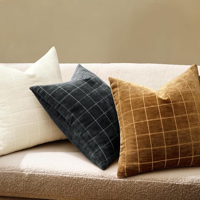 MIULEE Black Plaid Decorative Throw Pillow Covers 24x24 Set of 2 | Vintage Check Chenille Couch Pillows Neutral Boho Farmhouse Cushion Covers Modern Home Decor for Sofa Bed Living Room