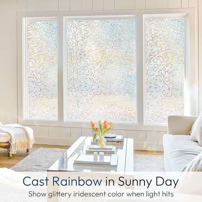 rabbitgoo Window Privacy Film, Mosaic Stained Glass Film, 35.4" x 157.4" | Rainbow Decorative Removable Static Cling Tint, UV Blocking Reduce Heat, Non-Adhesive Privacy Covering for Home, Office