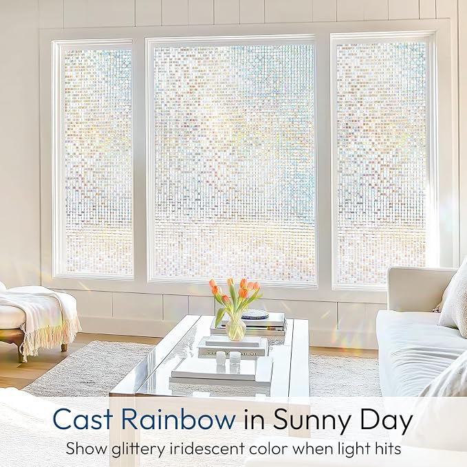 rabbitgoo Window Privacy Film, Mosaic Stained Glass Film, 23.6" x 157.4" | Rainbow Decorative Removable Static Cling Tint, UV Blocking Reduce Heat, Non-Adhesive Privacy Covering for Home, Office
