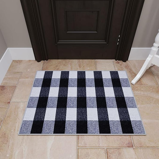 Ottomanson Front Door Mat – Non Slip Indoor Entryway Rug, Low Pile Stain Resistant Floor Mat for Mudroom & High Traffic Areas, 2'7" x 2', Buffalo Plaid Black/White