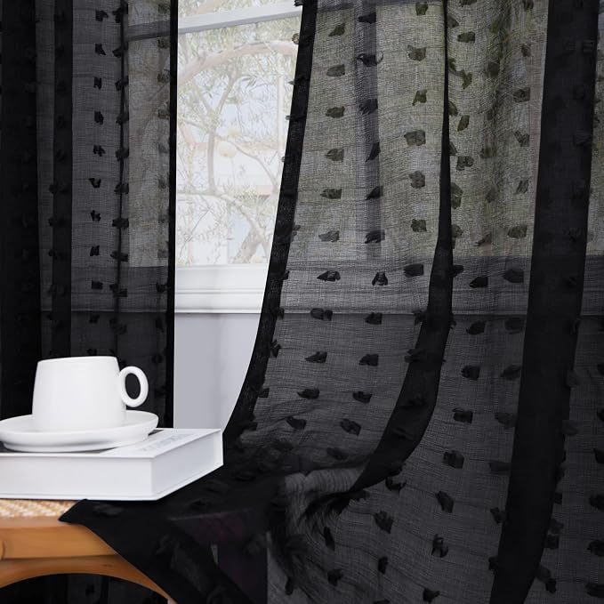 108 Inches Long Black Sheer Curtain Panels for Living Room Decor Back Tab Rod Pocket Luxury Elegant Pom Pom Tufted Floral Textured Boho Semi Sheer Curtains for Patio Hallway High Ceiling to Floor 9ft