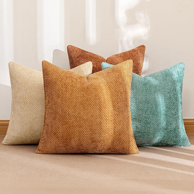 MIULEE Pack of 4 Orange/Teal Couch Throw Pillow Covers 20x20 Inch Yellow Green Soft Decorative Chenille Pillows Farmhouse Accent Cushions for Boho Fall Home Decor Sofa Bedroom Living Room
