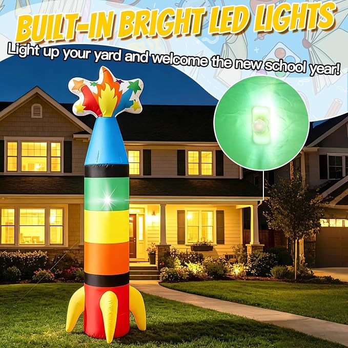 6FT Back to School Inflatable Crayon Rocket Outdoor Decorations, Colorful Blow Up Rocket Crayon Built-in LED Light for Space Party Decor, First Day of School Classroom Yard Garden Photo Props