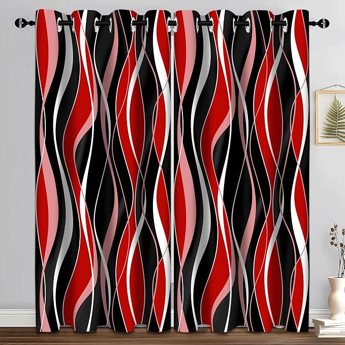 iTapnoom Red Black Abstract Blackout Curtains, Geometric Striped Art Darkening Window Drapes Grommet for Living Room Bedroom Decor 2 Panels 52"x84" Inches
