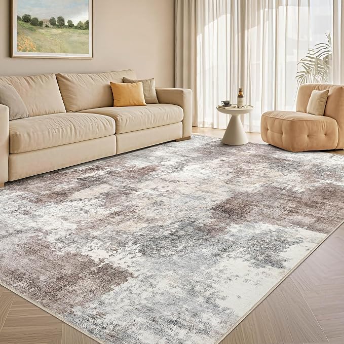 Tortania Washable 6x9 Area Rug for Living Room: Modern Abstract Neutral Large Soft Thin Rugs - Non Slip Indoor Carpet for Bedroom Dining Room Office Nursery Home Floor Decoration - Gray Brown