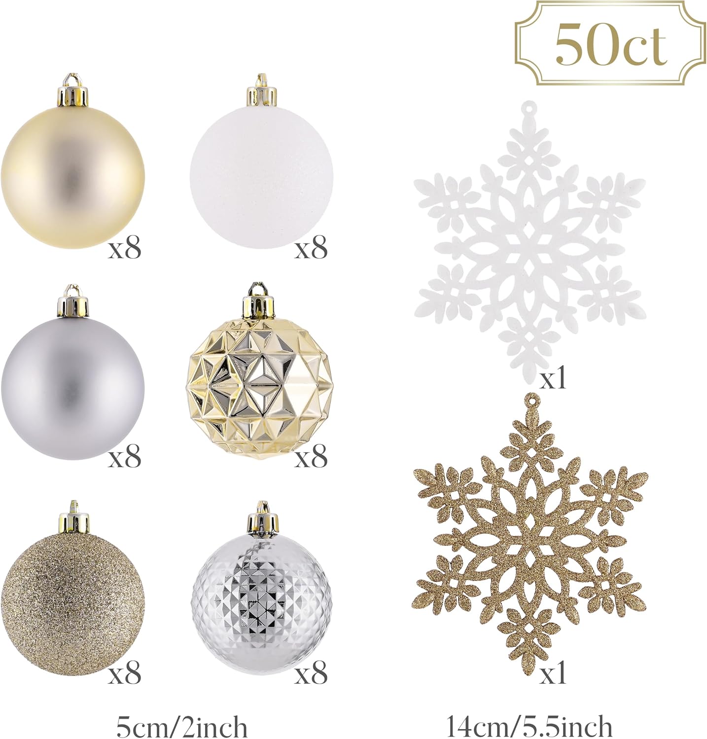 Valery Madelyn Christmas Tree Decorations Ornament Set for Fall Halloween, 50ct 2 Inches White and Gold Shatterproof Christmas Ball Ornaments Hanging Xmas Holiday Party Decor