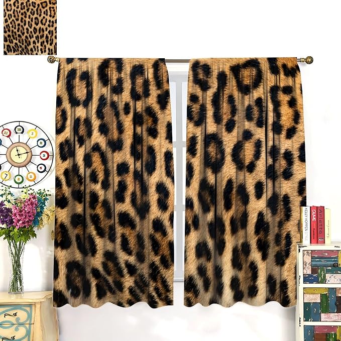 Leopard Print Blackout Curtains, Retro Wild Animal Skin Black Brown Fur Leopard Print Rod Pocket Curtain Window Treatments 2 Panels Drapes for Dining Room Office Kitchen Bedroom Decor 72"W X 63"L