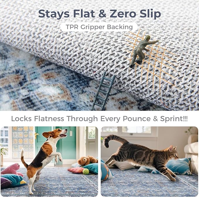 OPPODREAM Vintage Blue 2x3 Washable Rug, 2 x 3 Retro Door Mat Indoor Entrance Non Slip, Low-Pile Faux Wool Throw Carpet, Distressed Navy Floor Mat for Kitchen, Hallway, Entry-Way, Back Door
