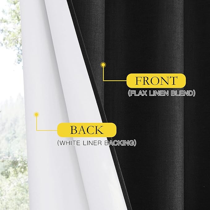 NICETOWN Vintage Open Linen Weave Flax Thermal Curtains, 100% Blackout Curtains 108 inches Long for Dining Room, Soundproof Window Treatment Drapes for Hall Room, Black, 52" Wide Per Panel, Set of 2