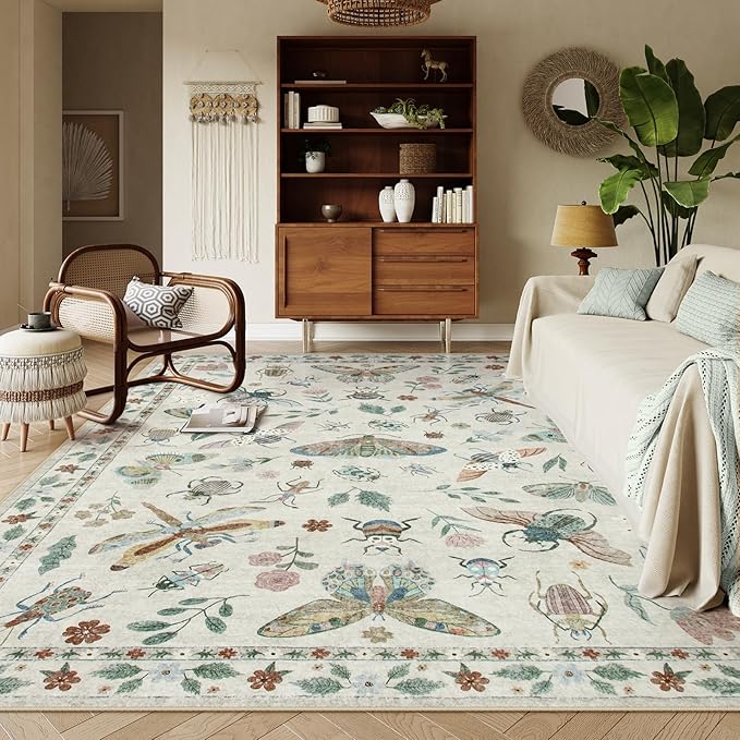 Lahome Insect 9x12 Area Rugs for Living Room Bedroom, Soft Washable Rugs 9x12 Stain Resistant, Ultra-Thin Non-Slip Dining Room Rug Non-Shedding Carpet for Office Vionnet(9x12ft,Beige)