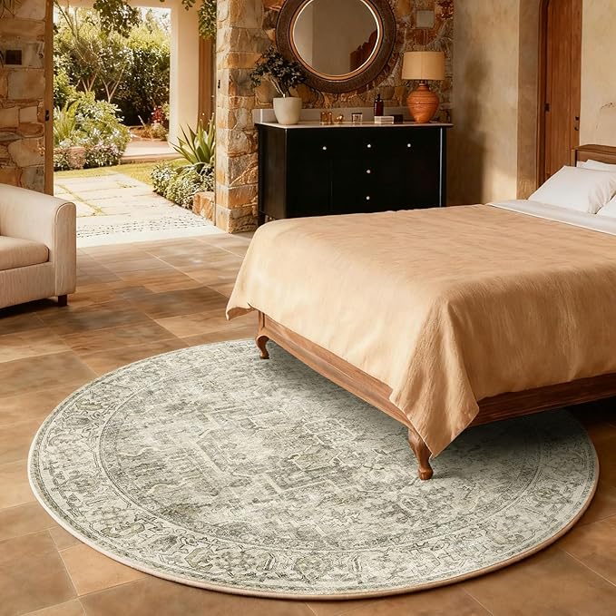 4x4 Round Bedroom Rug Washable: Living Room Rug Stain Resistant Non Slip Low Pile Soft Small Area Rug for Bedroom Entryway Kitchen Living Room Bedside Office Dorm Kids Room Entrance
