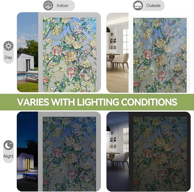 ADD.HERES Stained Glass Window Film, 3D Decorative Window Privacy Film for Bathroom,Front Door,Home, Sun Blocking Heat Control,Static Cling, The Beast's Rose 17.3inch x 47.2inch