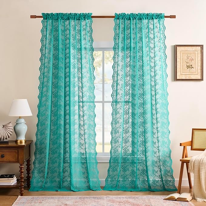 YJ YANJUN Vintage Lace Curtains 84 Inches Long-Victorian Floral Teal Sheer Curtain Panels for Living Room Bedroom Boho Farmhouse Shabby Chic Drapes Light Filtering 2 Panels 52W x 84L Dark Cyan