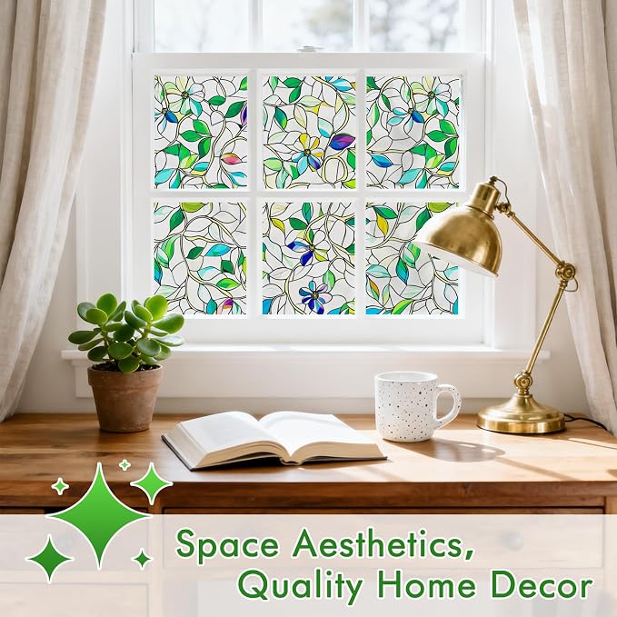 SOMWISE Frosted Glass Window Privacy Film with Tools, Heat Blocking, Anti-UV, Anti-Glare, Static Cling, Decor for Home Bathroom Door, Renter Friendly, Removable, Reusable, Green 17.5Inchx78.5Inch
