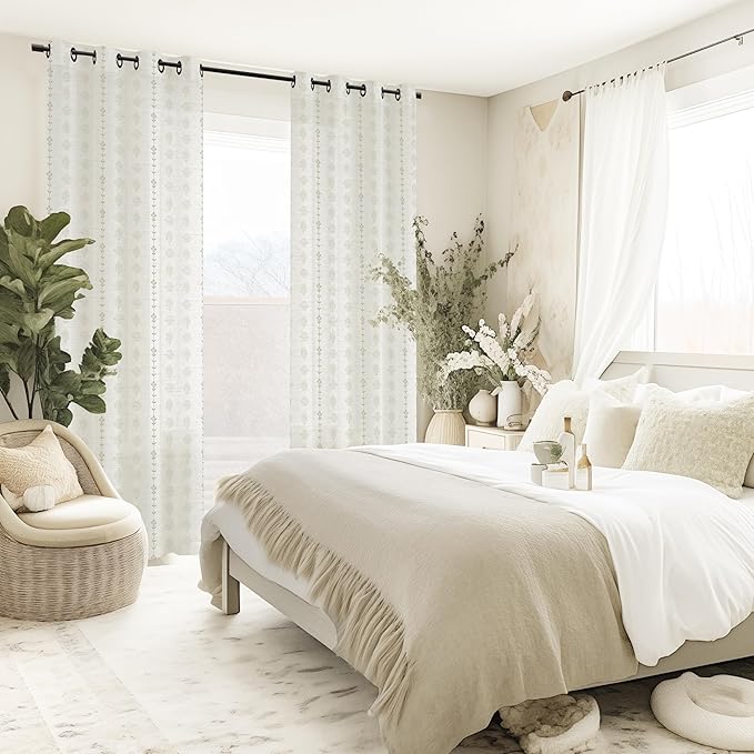 108 Inch Linen Curtains, 9FT 9 FT Long Floor to Ceiling Striped Floral Patterned Light Filtering Sheer Drapes for Living Room Bedroom 2 Panels Set