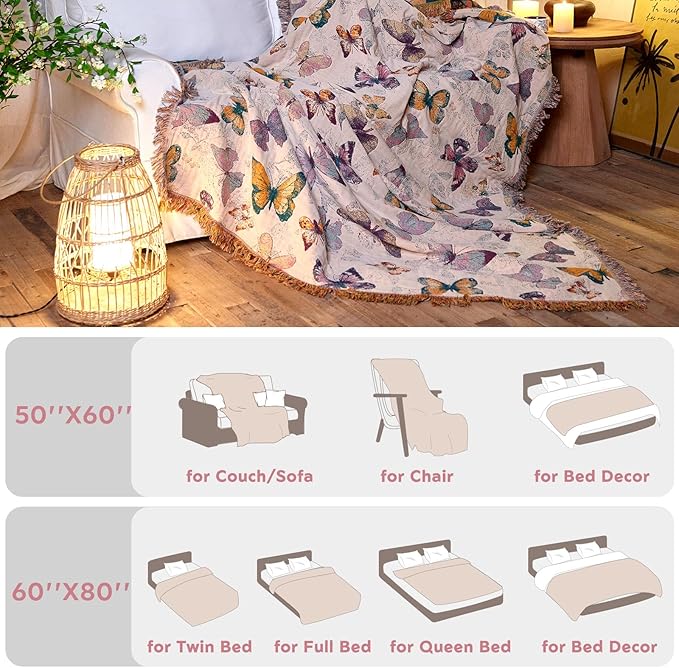 Boho Butterfly Throw Blanket 50"x60" Couch Blanket,100% Cotton Reversible Soft Breathable Lightweight Spring Decorative Blankets with Tassels for Sofa Bed Decor All Season