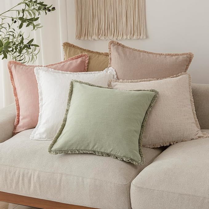 Foindtower Set of 2 Decorative Linen Fringe Throw Pillow Covers Boho Farmhouse Cushion Cover with Tassels Soft Accent Pillowcase for Couch Sofa Bed Living Room Home Decor,16×16 Inch,Light Sage Green
