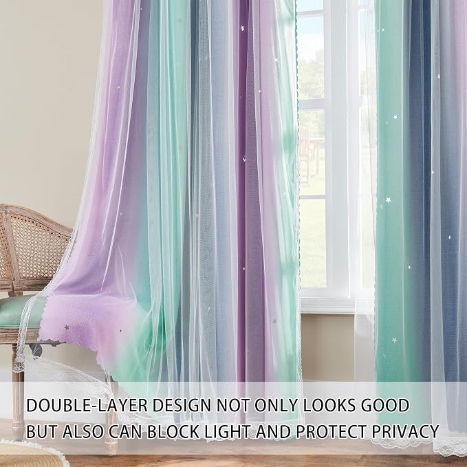 XiDi Purple Grey Green Curtains for Girls Bedroom 2 Panels Set, Rainbow Blackout Curtains for Kids Room Decor, Unicorn Wall Decals Grommet Drapes for Nursery Room 63 Inches Long 52 Inches Wide