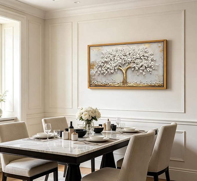 Framed 3D Texture Large Tree of Life Canvas Wall Art Gold and White Flower Big Tree Painting Picture Wall Decor Botanical Floral Poster Print Artwork for Living Room Dining Bedroom