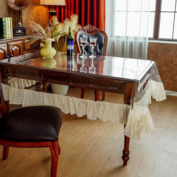 SUTAVIA Clear PVC Tablecloth Lace Ruffle Edge Transparent Oilproof Rectangular Table Protector for Dining Table Kitchen Home Party Outdoor Picnic (Cream Ruffle, Oblong, 60"x84")